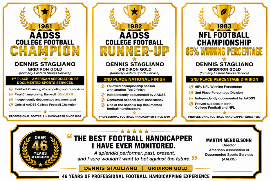 alt="Dennis Stagliano documented football handicapping awards including 1981 AADSS College Football Champion, 1982 AADSS College Football Runner-Up, and 1983 NFL Football Championship 65 percent winning percentage" alt="Dennis Stagliano documented football handicapping awards including 1981 AADSS College Football Champion, 1982 AADSS College Football Runner-Up, and 1983 NFL Football Championship 65 percent winning percentage"